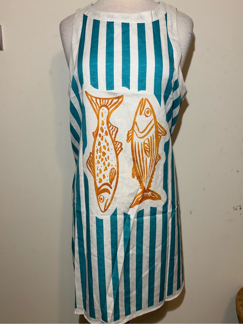 Striped Teal and White Fish Apron with Orange Print